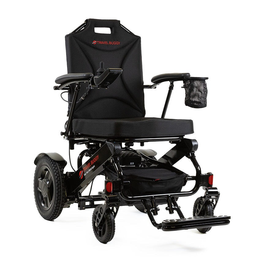 Front angled view of the black Travel Buggy City 2 Plus highlighting the intuitive joystick control and sturdy frame.