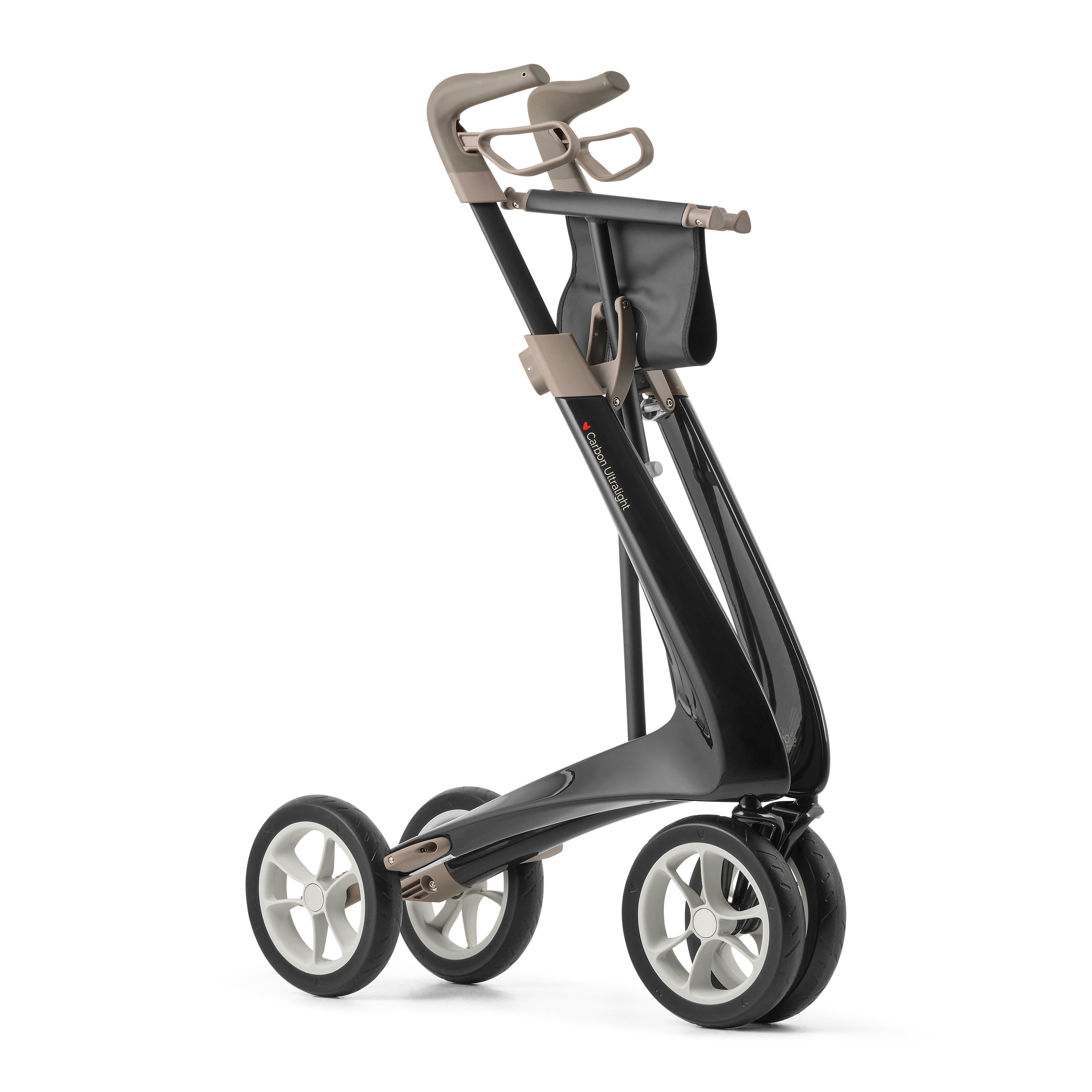 Front view of the Carbon Black byACRE Carbon Ultralight rollator with its storage bag fitted