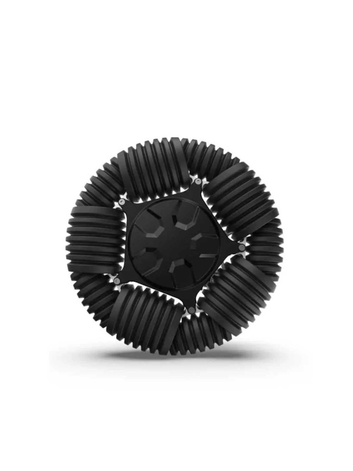 Close-up of the shock-absorbing omni-directional front wheel on the Robooter X40 electric wheelchair.