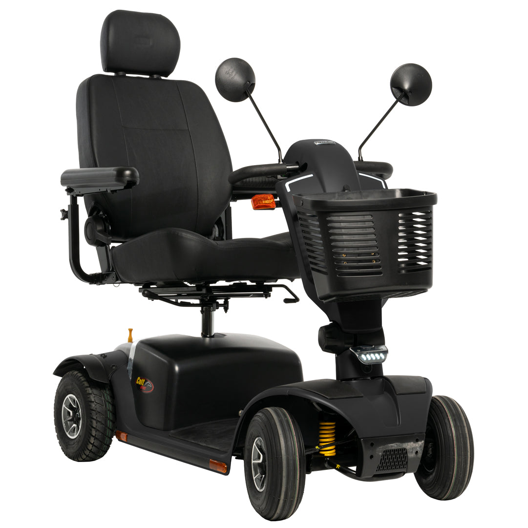 Pride Colt Sport four-wheel mobility scooter in Black Pearl, front three-quarter view