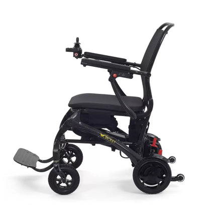 Side profile of the Golden Cricket GP302 electric wheelchair highlighting the comfortable padded seat and backrest.