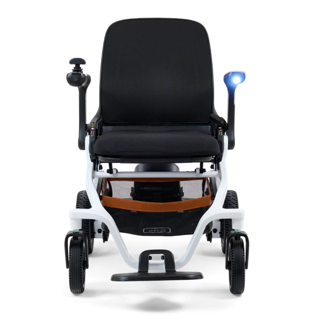 Front view of Golden Ally GP303 lightweight power wheelchair showing compact frame, joystick control, LED light, and supportive seating for everyday mobility in Canada
