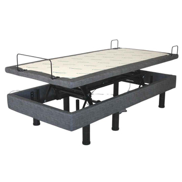 Harmony Hi-Low adjustable bed base without a mattress, front three-quarter view lying flat
