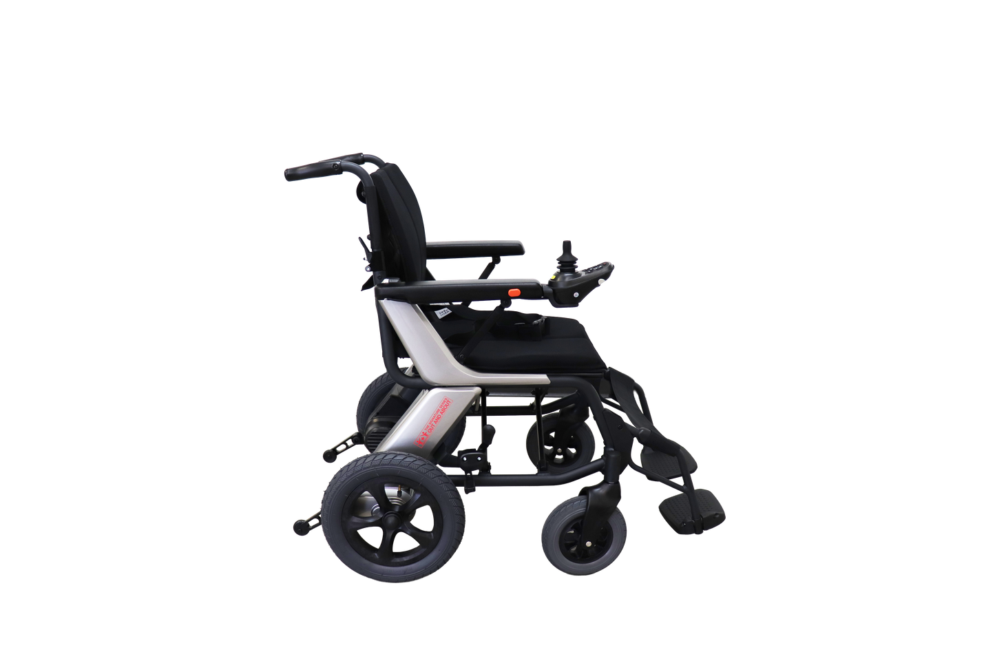 Out & About power wheelchair folded for transport and storage