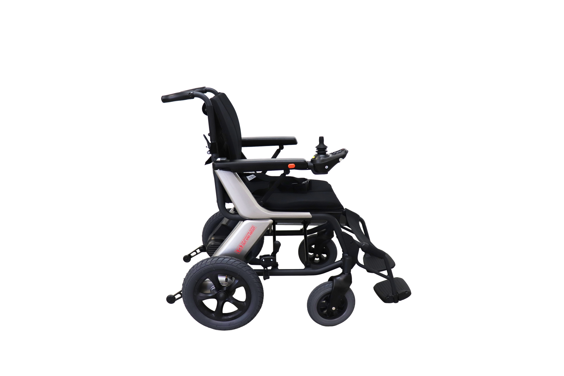 Out & About power wheelchair folded for transport and storage