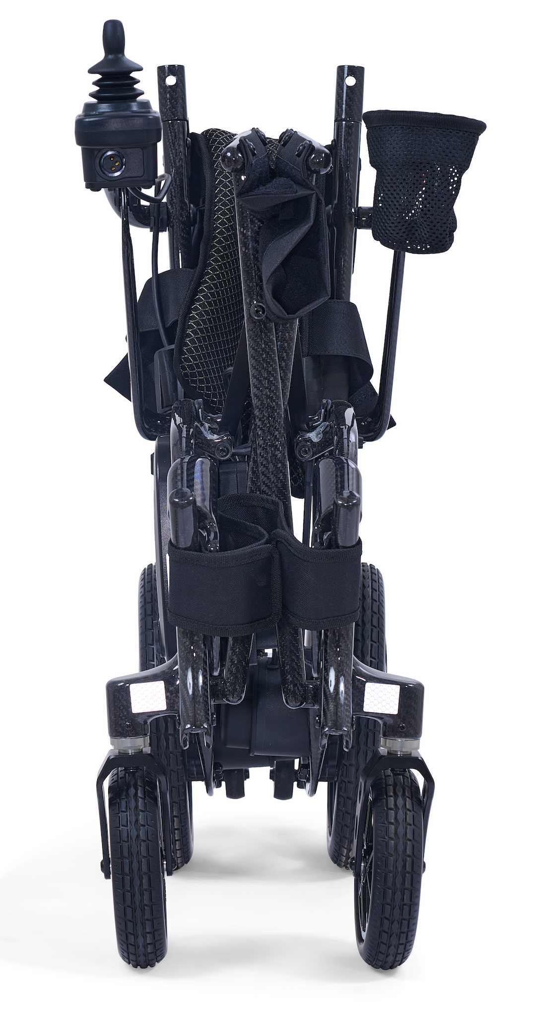 Golden Cricket LT GP309 folded front view, 31.3 lb carbon fibre folding power chair