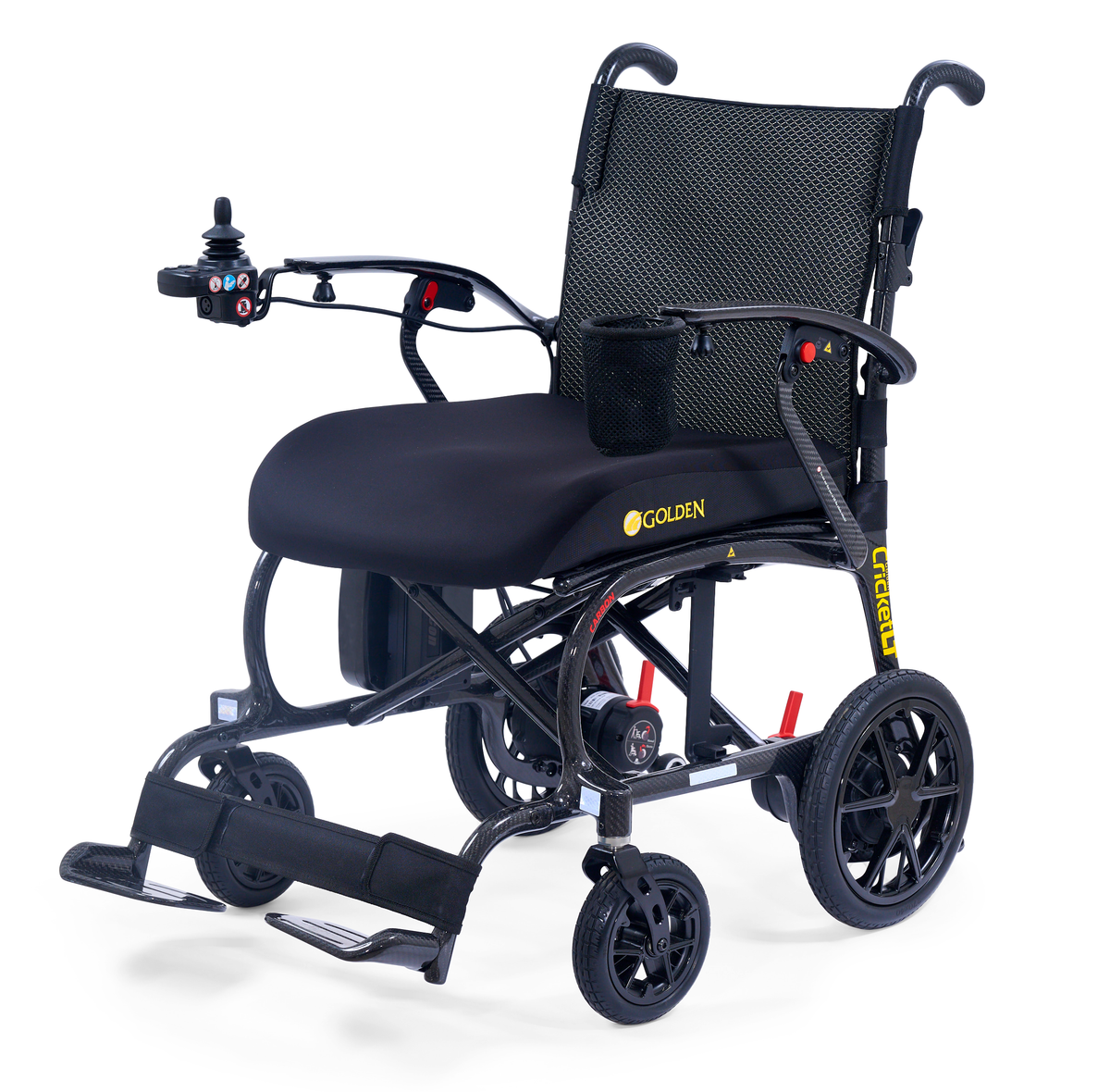 Golden Cricket LT GP309 carbon fibre folding power wheelchair Canada, front three-quarter view