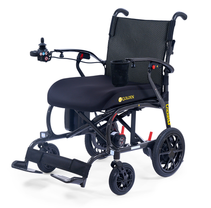 Golden Cricket LT GP309 carbon fibre folding power wheelchair Canada, front three-quarter view