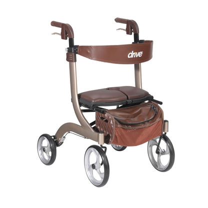 Front view of the champagne Drive Nitro DLX rollator showcasing the secure, easy-to-reach front storage bag.