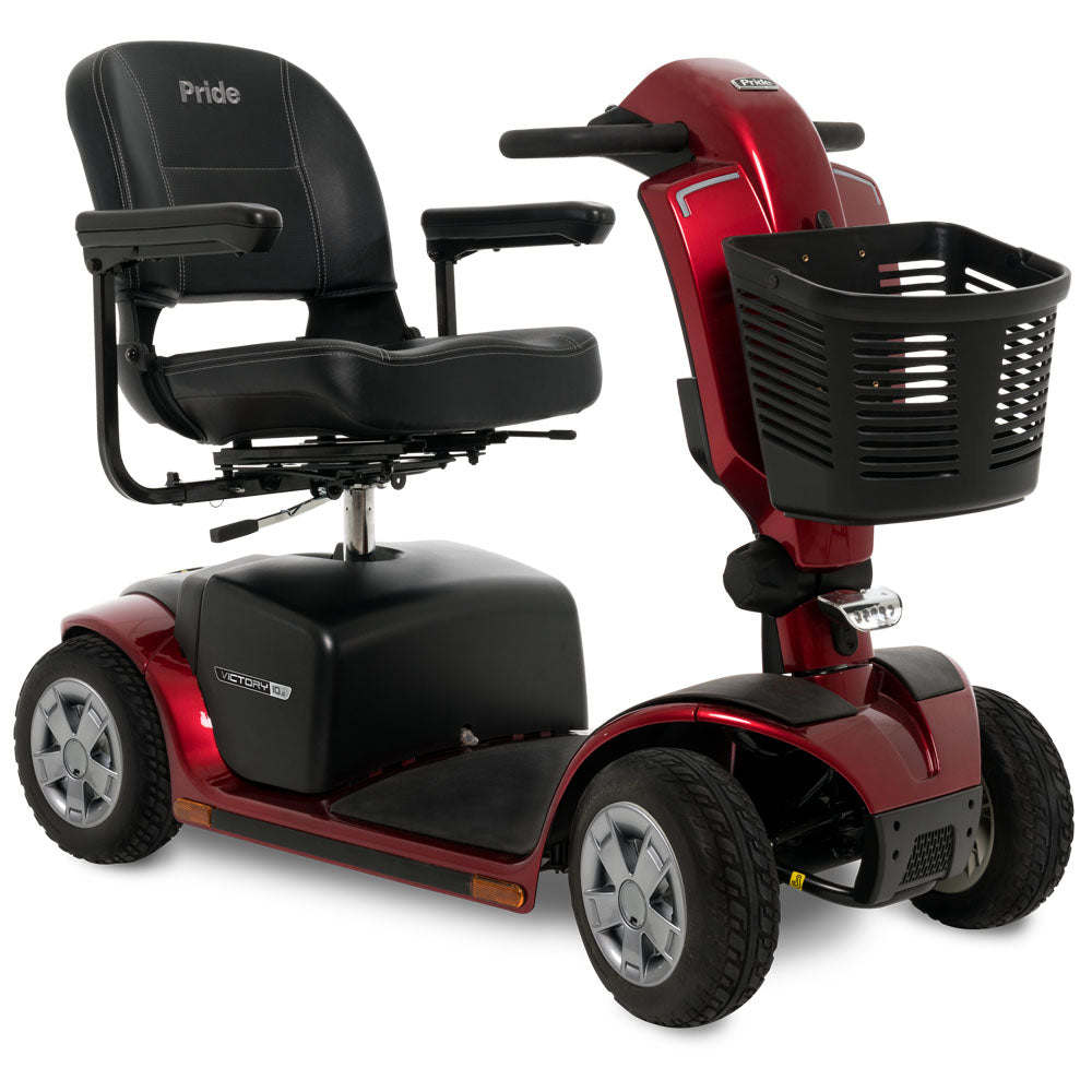 Pride Victory 10.2 four-wheel mobility scooter in Candy Apple Red, front three-quarter view