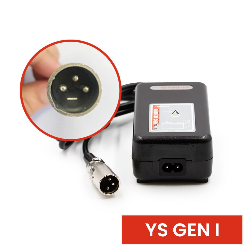 Travel Buggy 24V 2A XLR battery charger with its 3-pin XLR plug and a close-up of the plug pins