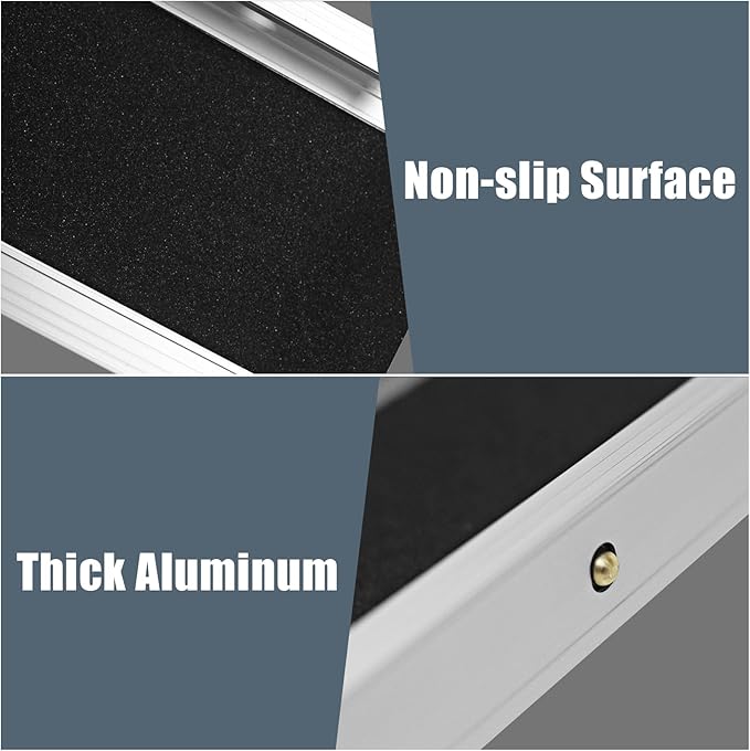 Close-up detail of the anti-slip, high-traction black grip tape surface designed to keep mobility devices secure on the telescopic ramp.