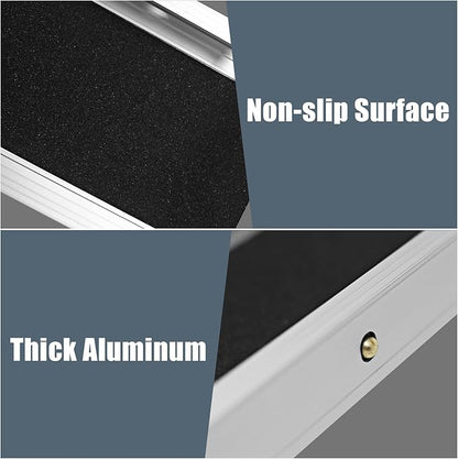 Close-up detail of the anti-slip, high-traction black grip tape surface designed to keep mobility devices secure on the telescopic ramp.