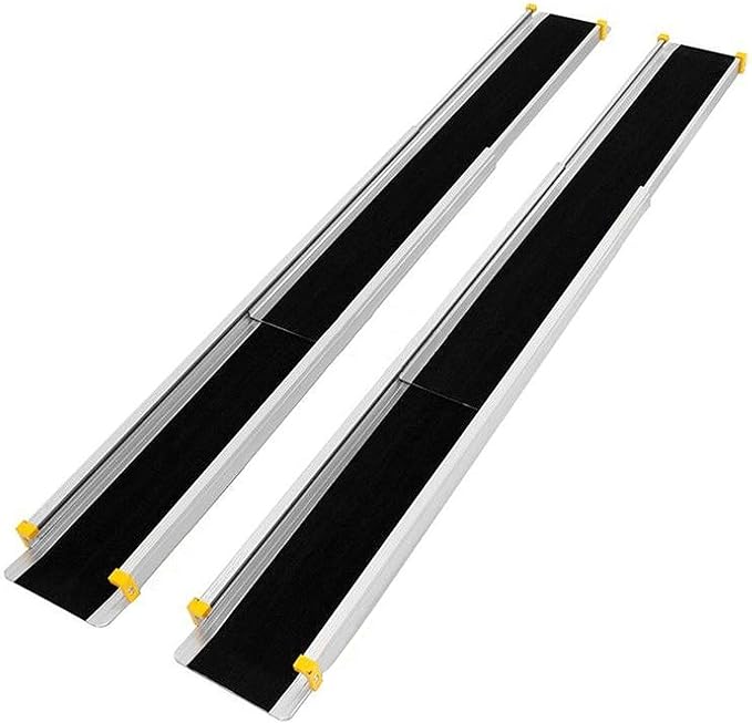 Angled view of the Adjustable Telescopic Wheelchair Ramps fully extended, featuring a high-traction black surface, yellow safety tips, and durable aluminum rails.