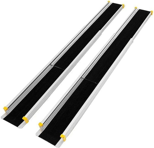 Pair of telescopic wheelchair ramps, extended on a white background
