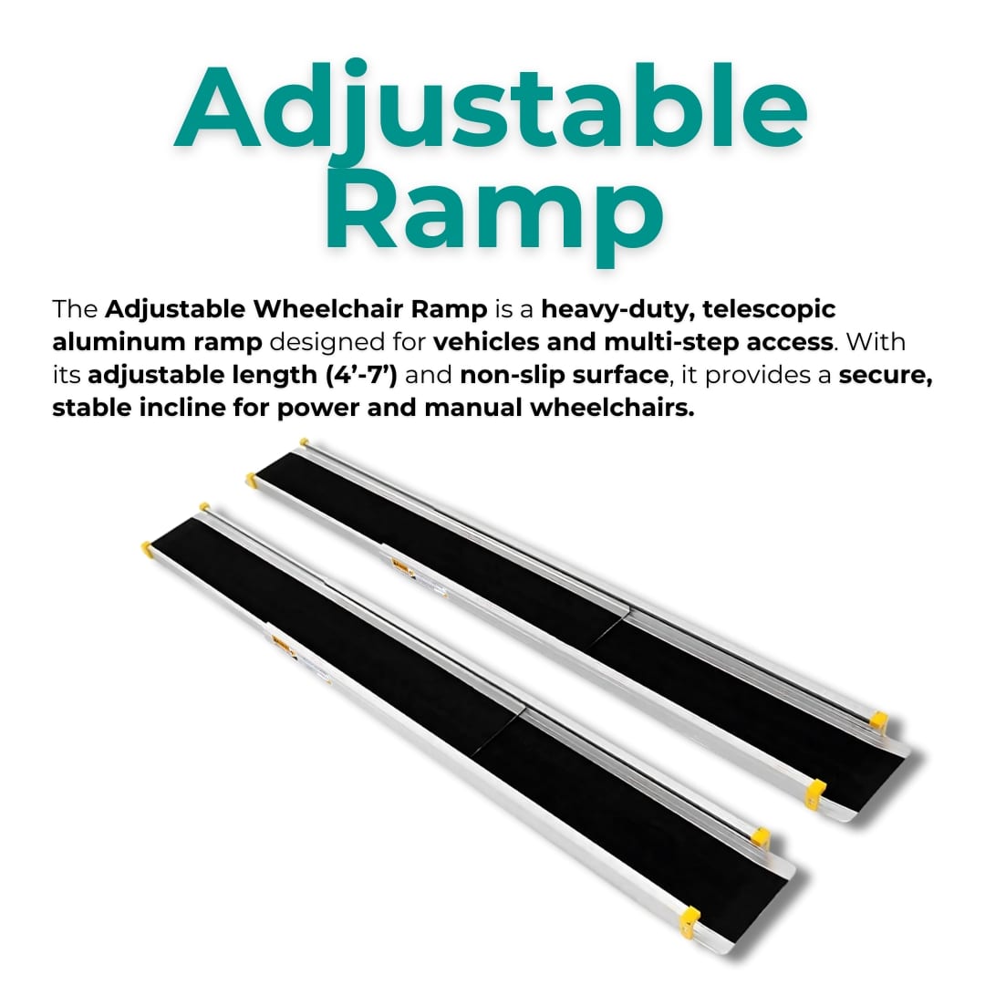 Informational graphic highlighting the versatile features, adjustable length, and portable design of the telescopic wheelchair ramp system.