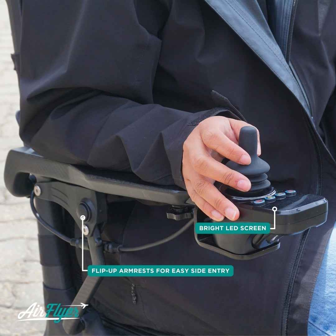 User Riding AirFlyer Ultra-Light Carbon Fiber Electric Wheelchair Outdoors – CareMade Canada