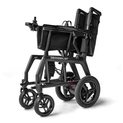 AirFlyer carbon fiber power wheelchair with backrest folded, side three-quarter studio view