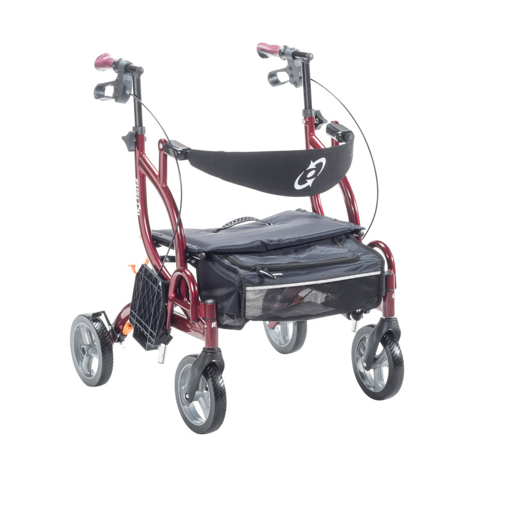 Detailed view of the ergonomic handgrip and easy-to-use locking brake on the Airgo Fusion rollator.