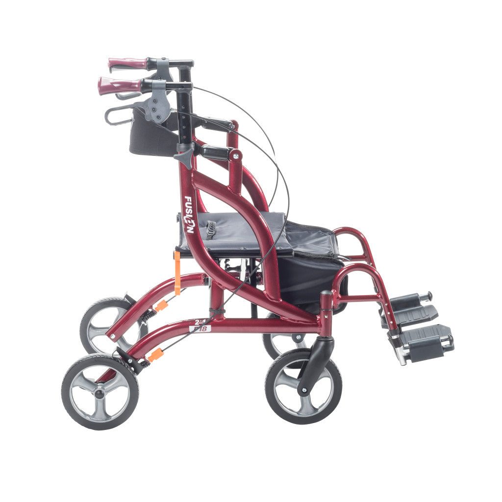 Side profile of the Airgo Fusion F18 mobility walker showing the padded seat and full backrest.