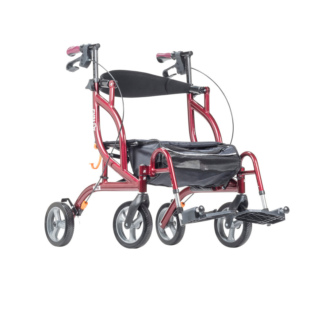 Front angle view of the lightweight Airgo Fusion F18 mobility rollator in cranberry.