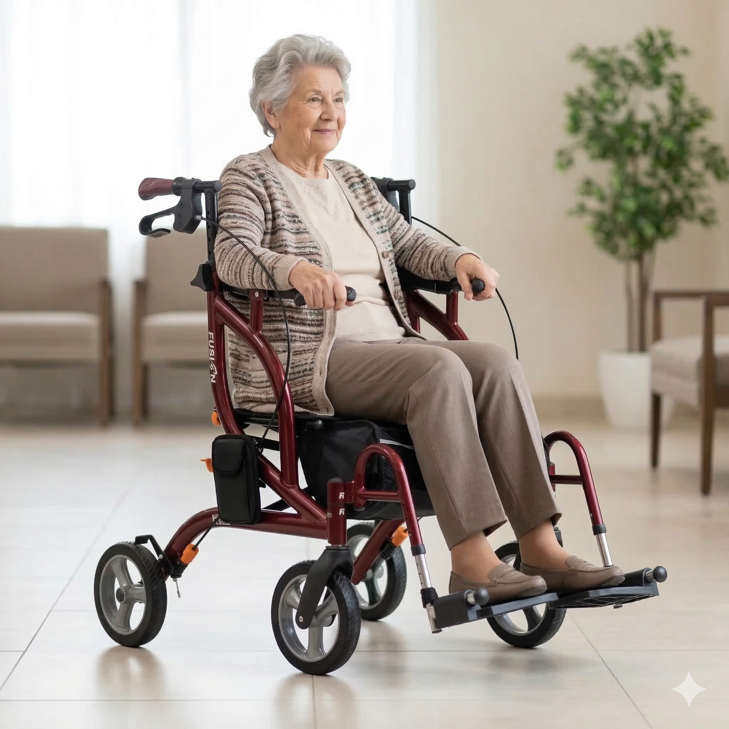 Front angled view of the red Airgo Fusion F18 in transport chair configuration with footrests attached.