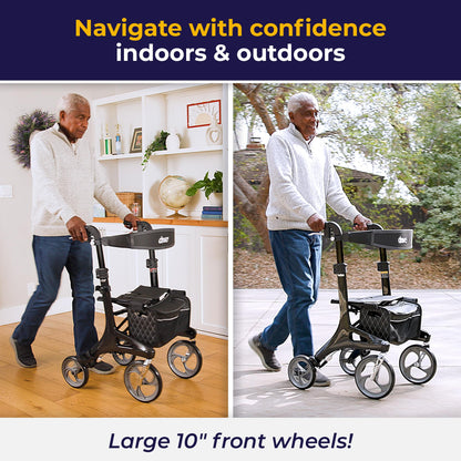 Rear angled view of the red Airgo Fusion F18 transport chair showing the caregiver push handles and flipped backrest for passenger comfort.