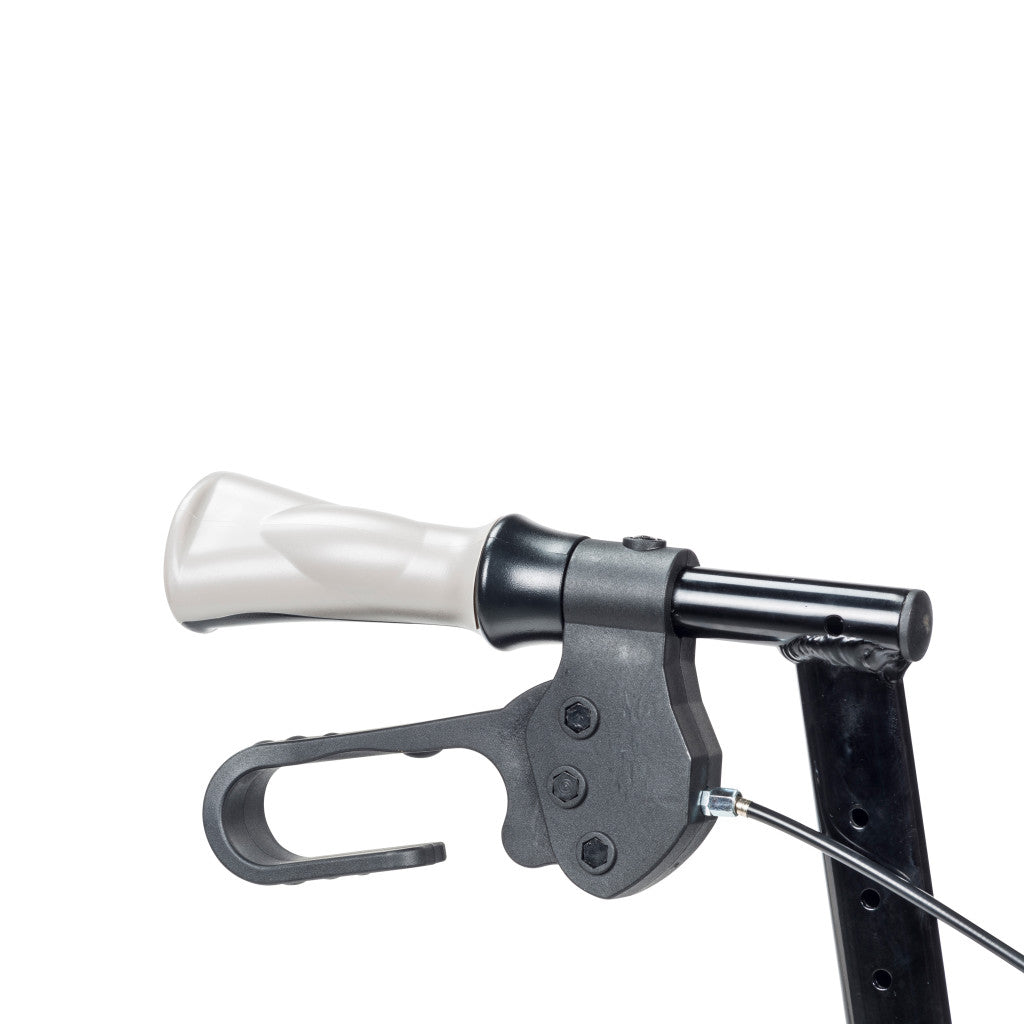 Close-up of the comfortable ergonomic handgrip and secure locking brake mechanism on the Airgo Fusion F20.