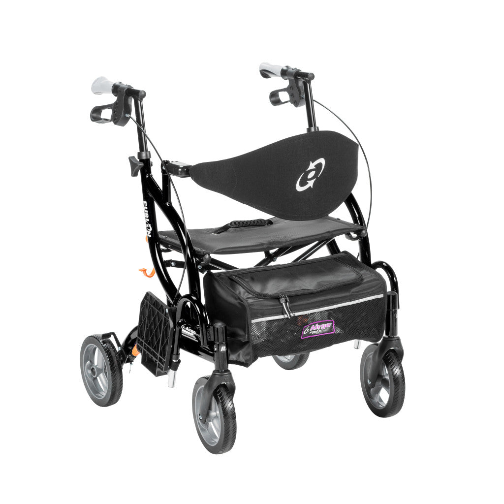 Angled front view of the Airgo Fusion F20 side-folding rollator in black.