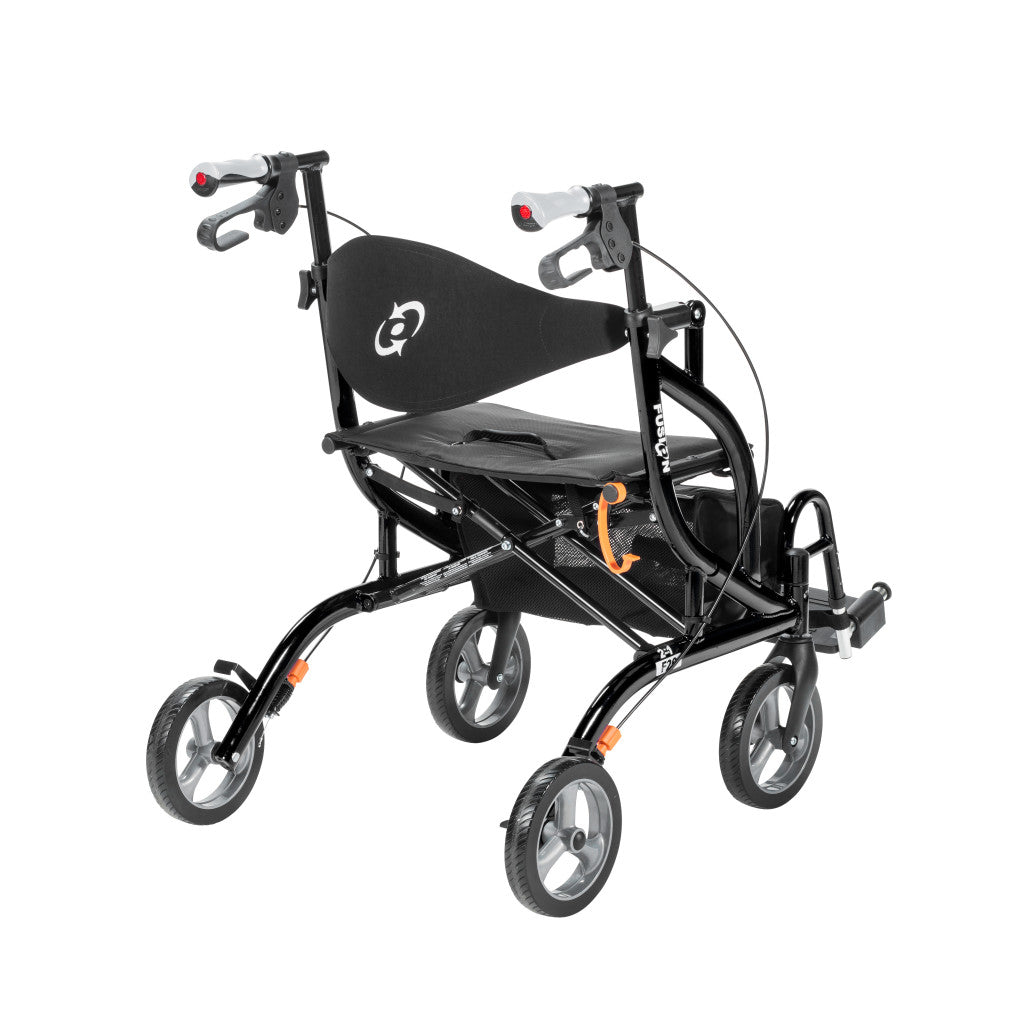 Angled view of the black Airgo Fusion F20 side-folding rollator in its secure folded position.