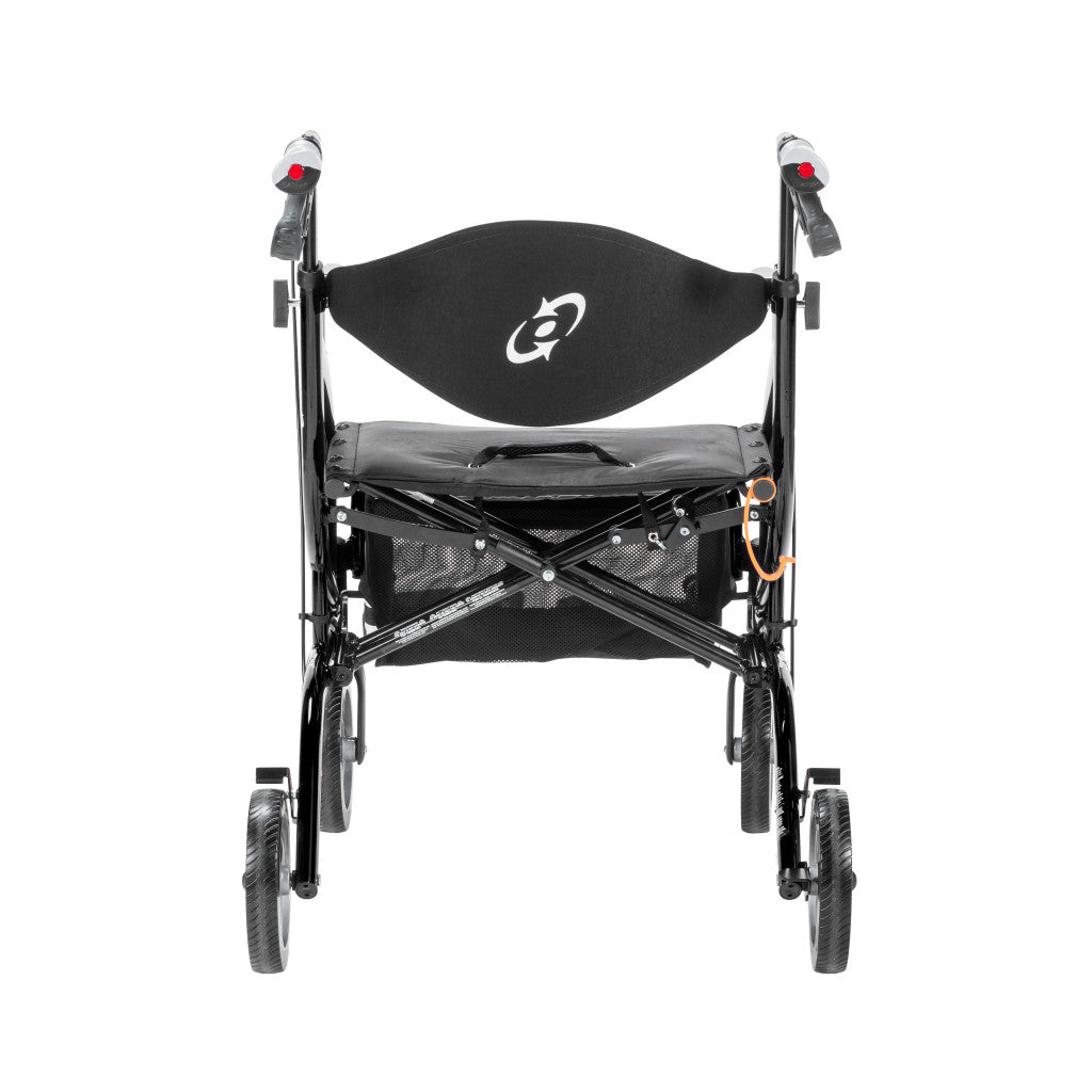 Rear angled view of the black Airgo Fusion F20 transport chair highlighting the backrest and footrests.