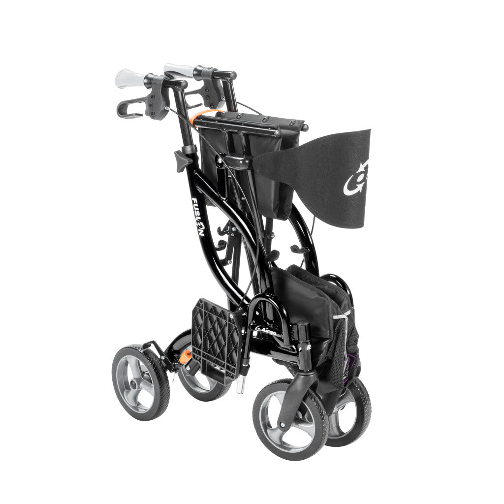 The black Airgo Fusion F20 rollator partially folded side-to-side to demonstrate its space-saving frame.