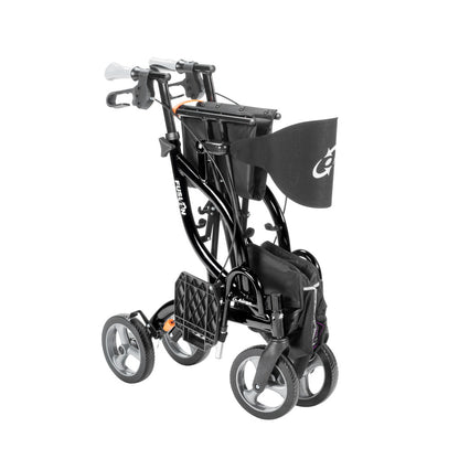 The black Airgo Fusion F20 rollator partially folded side-to-side to demonstrate its space-saving frame.