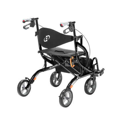 Rear angled view of the black Airgo Fusion F20 rollator highlighting the handles and padded seat.