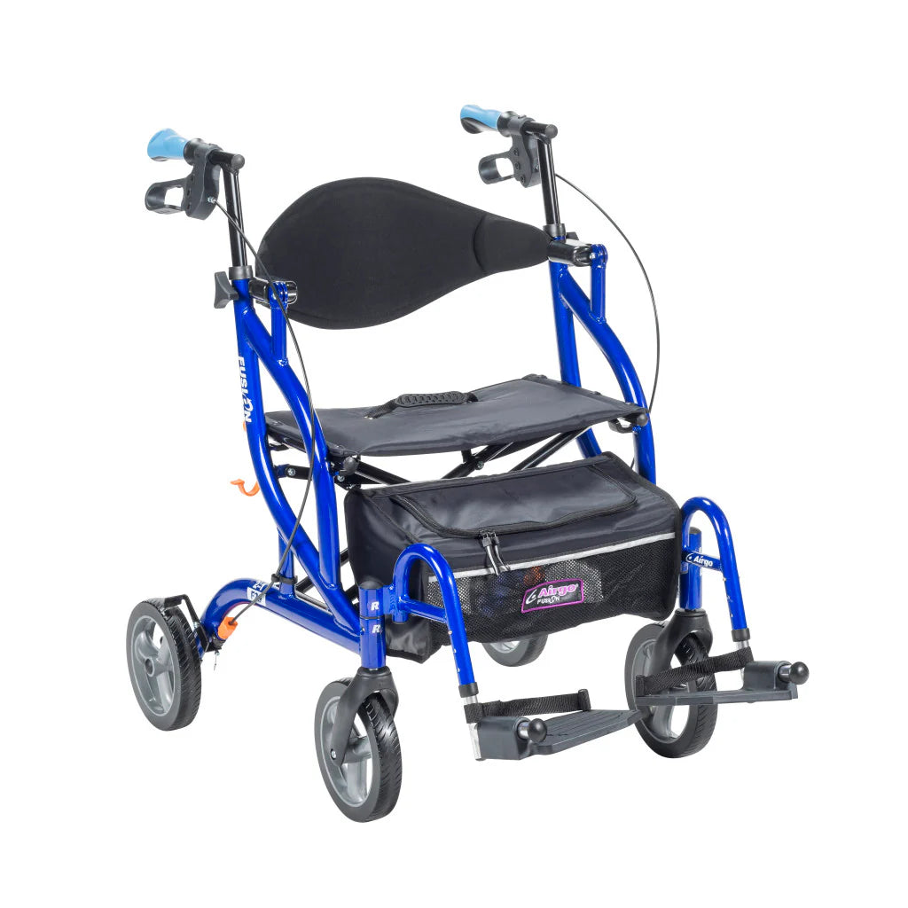 Angled front view of the versatile Airgo Fusion F20 rollator and transport chair in blue.