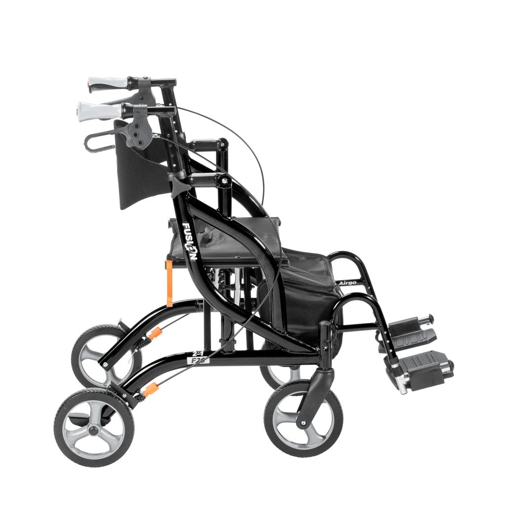 Rear angled view of the black Airgo Fusion F20 transport chair highlighting the backrest and footrests.