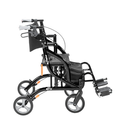 Rear angled view of the black Airgo Fusion F20 transport chair highlighting the backrest and footrests.