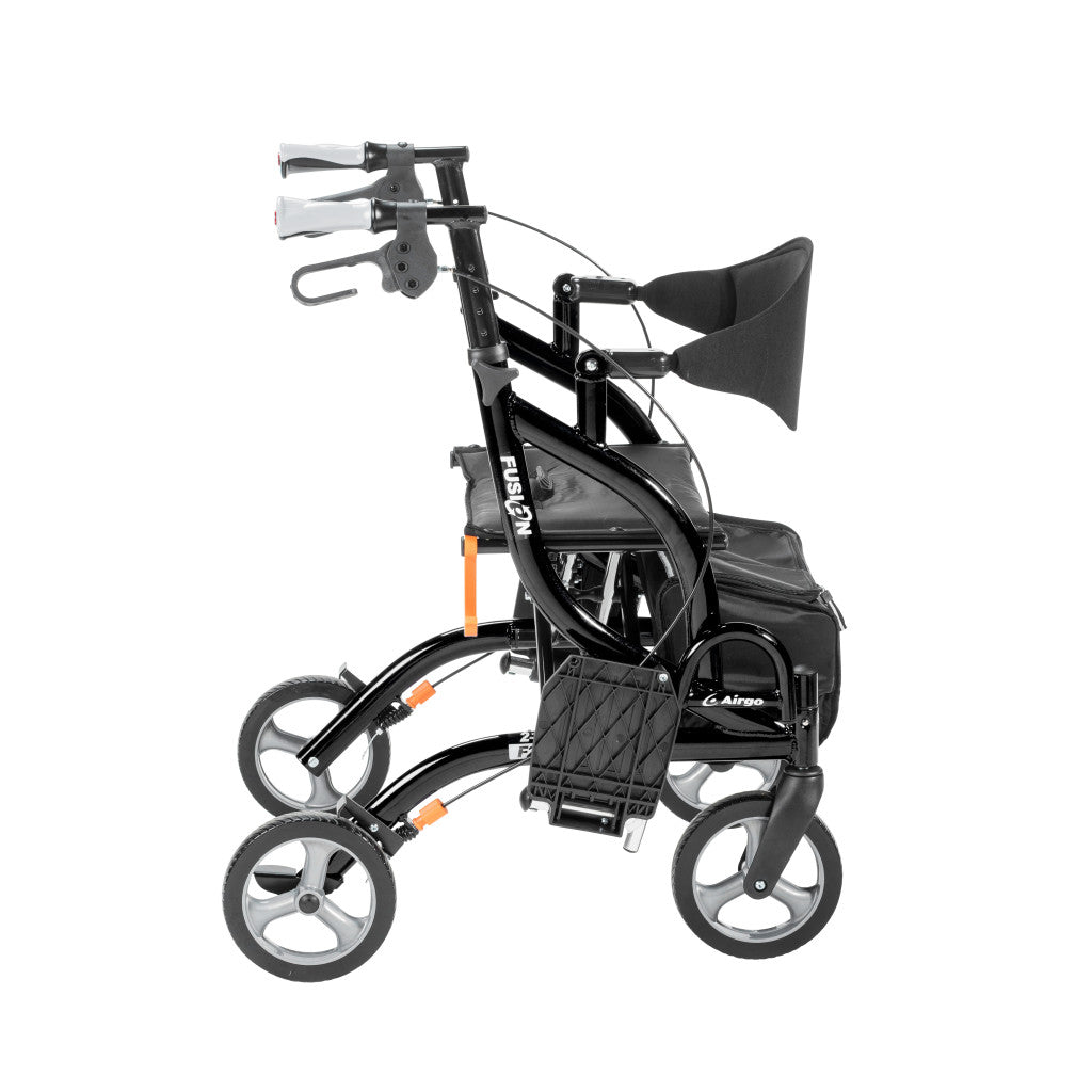 Side profile of the black Airgo Fusion F20 configured as a comfortable transport chair.