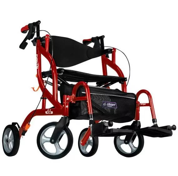 Side angled view of the red Airgo Fusion F20 in transport chair mode showcasing the extended footrests.