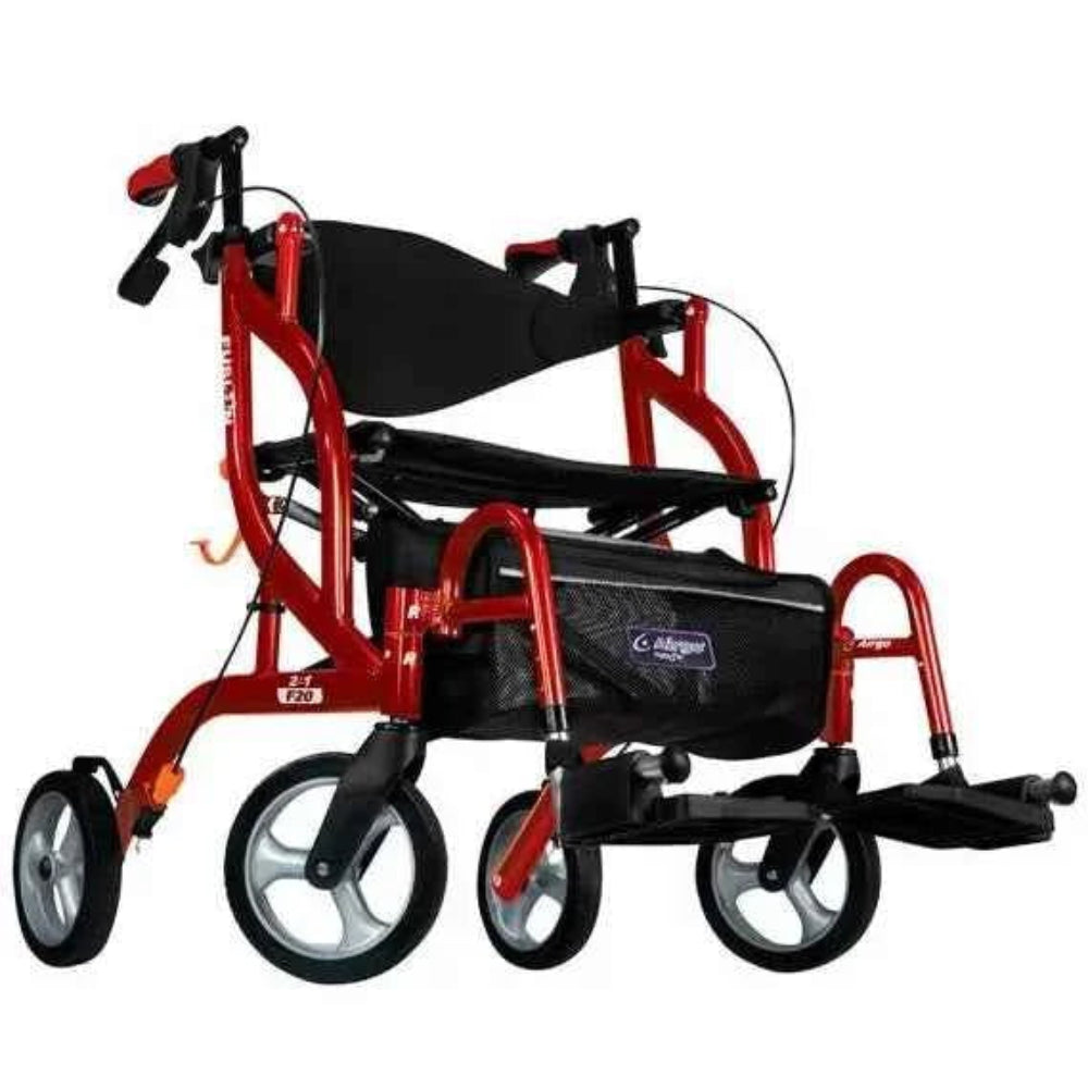 Airgo Fusion F20 in cranberry set up in transport chair mode with footrests lowered.