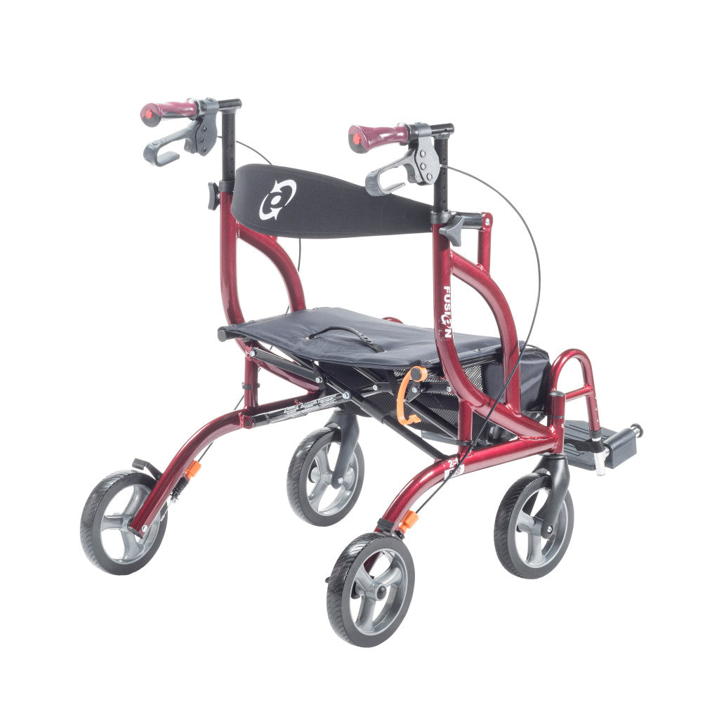Airgo Fusion F18 set up as a transport chair with swing-away footrests in cranberry red.