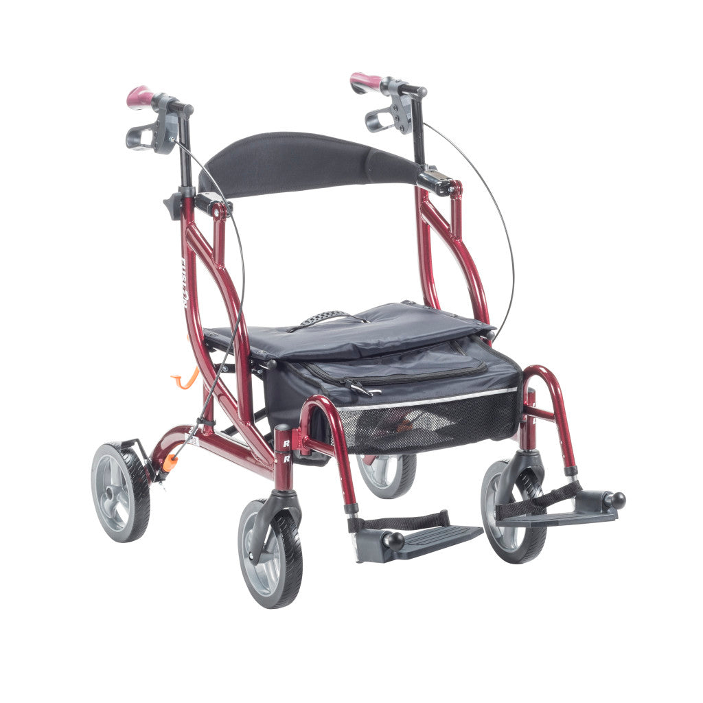 Close up of the soft under-seat storage basket and padded seat on the cranberry Airgo Fusion F18.