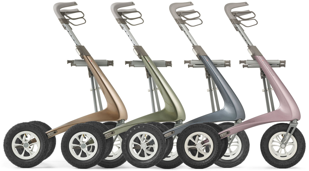 byACRE Carbon Overland rollator in Bentley Brown, Defender Green, Midnight Blue and Rose Gold