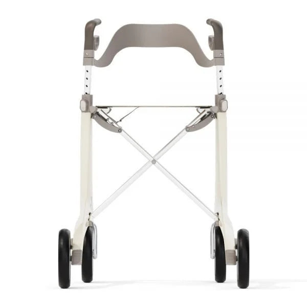 Front angled view of a white byACRE rollator demonstrating the seamless integration of the ergonomic seat support backrest.