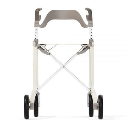 Front angled view of a white byACRE rollator demonstrating the seamless integration of the ergonomic seat support backrest.