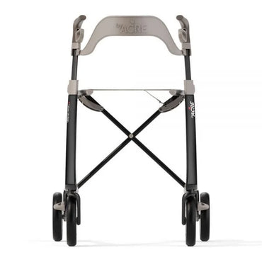 Rear view of a white byACRE Carbon Ultralight rollator featuring the ergonomically designed backrest attachment for comfortable resting.