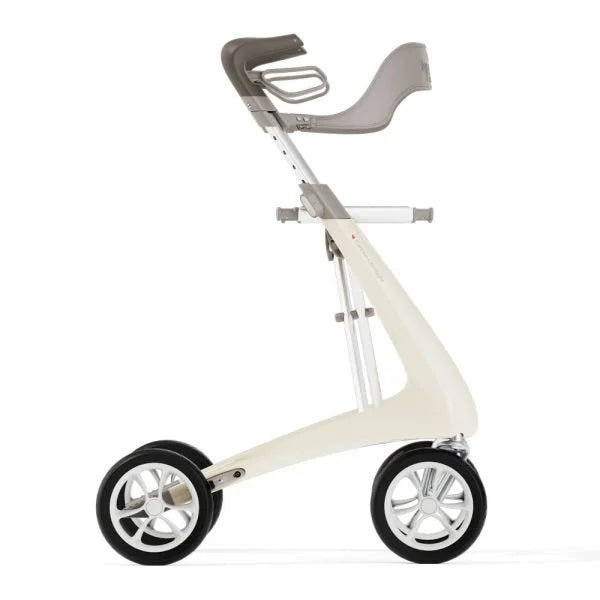 Full side profile of a white byACRE Carbon Ultralight rollator highlighting the optimal positioning of the attachable backrest.