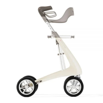 Full side profile of a white byACRE Carbon Ultralight rollator highlighting the optimal positioning of the attachable backrest.