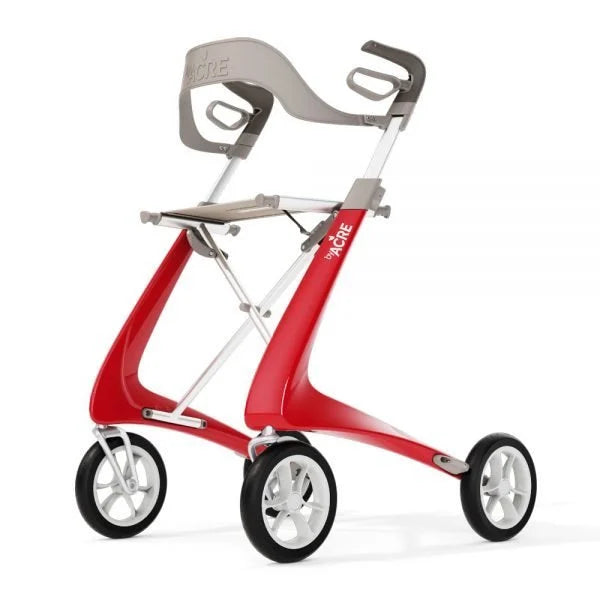 Full angled view of a strawberry red byACRE Carbon Ultralight rollator fully equipped with the matching comfort backrest.