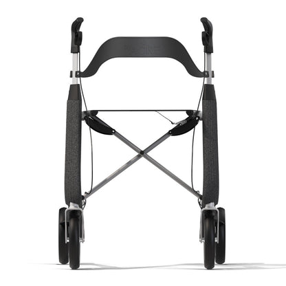 Rear view of a robust black byACRE Nordic Pioneer rollator featuring the contoured backrest attachment for relaxing seated outdoor breaks.